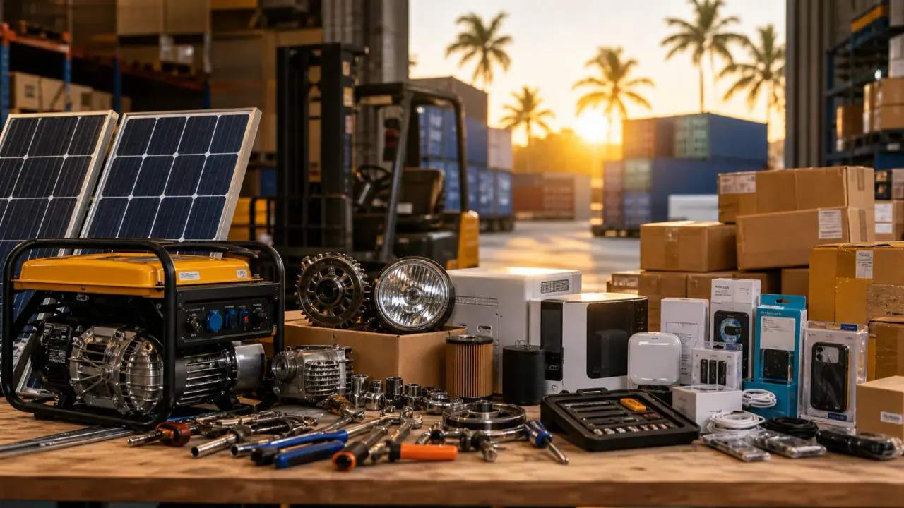 China export warehouse with motorcycle parts and solar products ready for Africa shipment